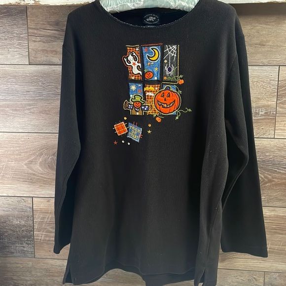 Moving Bleu Sweaters - Vintage Moving Bleu Ladies Halloween Sweater, Size Large, Quilted Patchwork